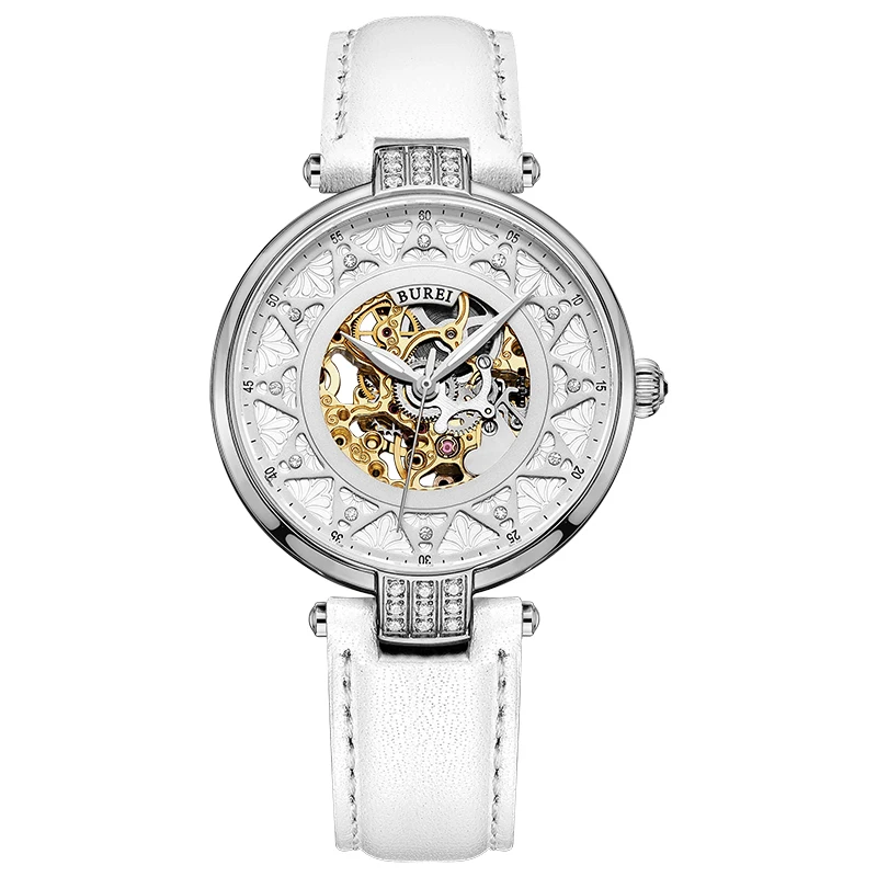 

BUREI 15006 Switzerland watch women luxury brand Women's White Dial Skeleton Automatic Watch with Calfskin Leather