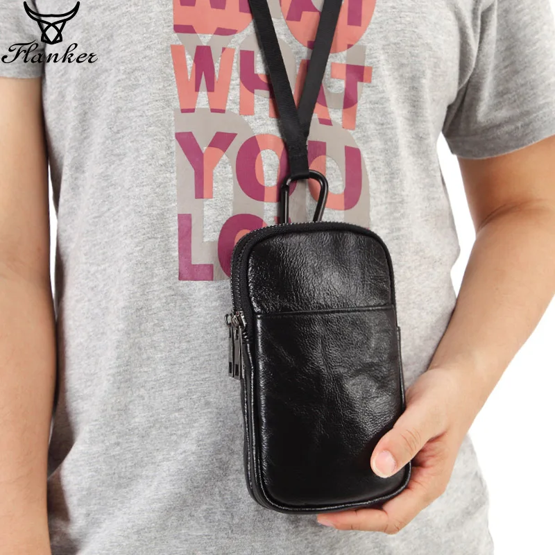 

Flanker genuine leather men belt waist bag casual fanny pack small waist pack hook bum bag lanyard cigarette case 7" phone pouch