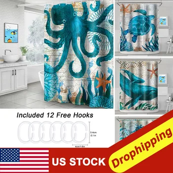 

Sea Turtle Print Shower Curtain Bathroom Waterproof Polyester Bath Curtain Octopus Washable Bath Decor Curtains With Hooks