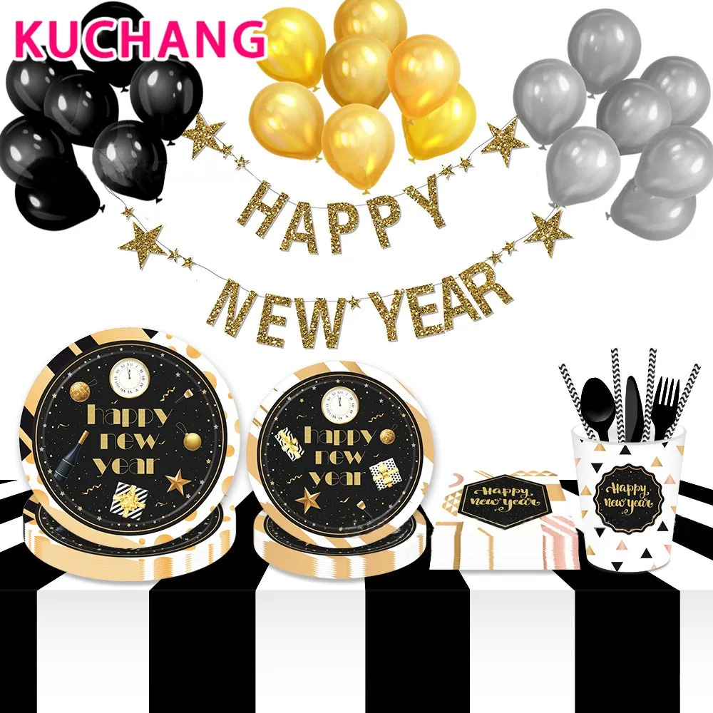 

2020 Happy New Year Foil Balloons Photo Booth Props Balloons Gold Black Banner Garland Navidad New Year Eve Party Supplies