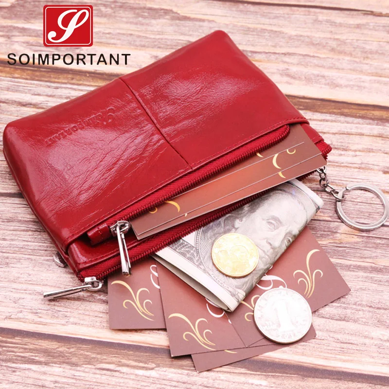 

Boho Slim Genuine Oil Wax Leather Women Wallets Zipper Mini Female Coin Purses Money Bags Cards Magic Walet Red With Key Ring