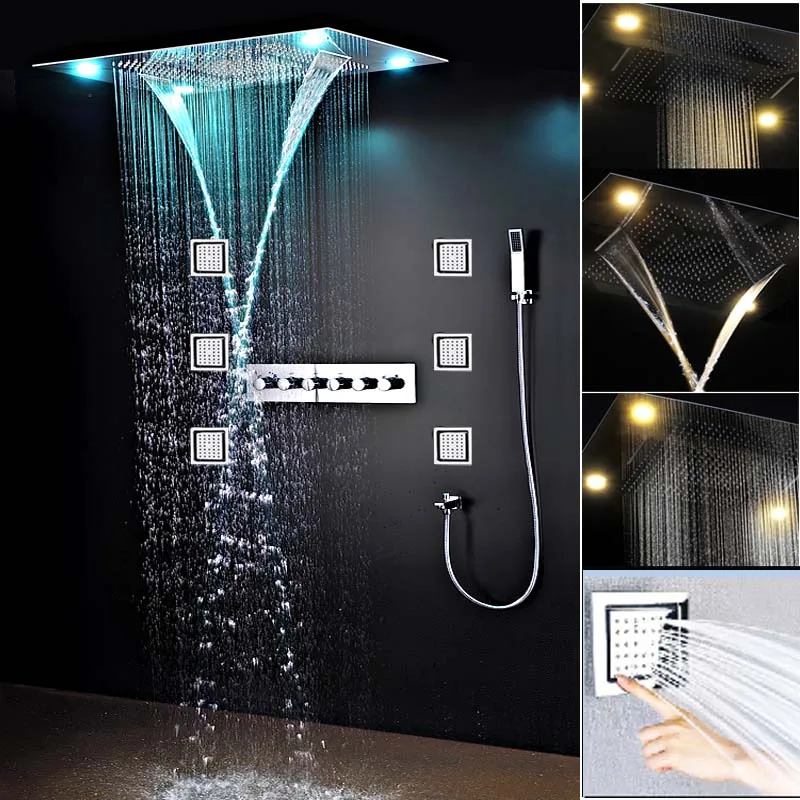 

Hotel LED Shower Set Concealed Ceiling Large Rainfall Waterfall 4 Inch Massage Body Jets Hot and Cold High Flow Shower System