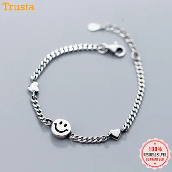 

Trustdavis 100% 925 Solid Real Sterling Thai Silver Smiley Face Heart Chain Bracelet Pulseras For Teen Girl Lady Jewelry DA365