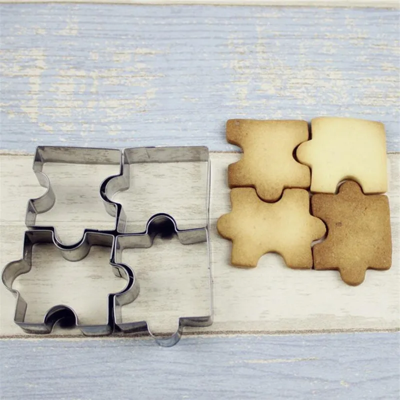 Cookie Cutter 4Pcs 3D Stainless Steel Cookie Puzzle Shape Cookie Cutters Toast Cutter DIY Biscuit Mold Dessert Bakeware Cake Fondant Mold Tool