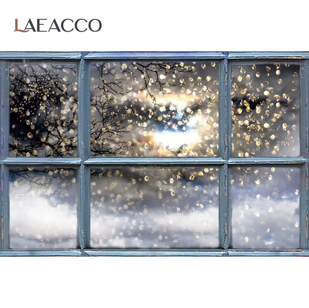 Laeacco зимний фон для фотосъемки с окном снегом фэнтези горошек светильник