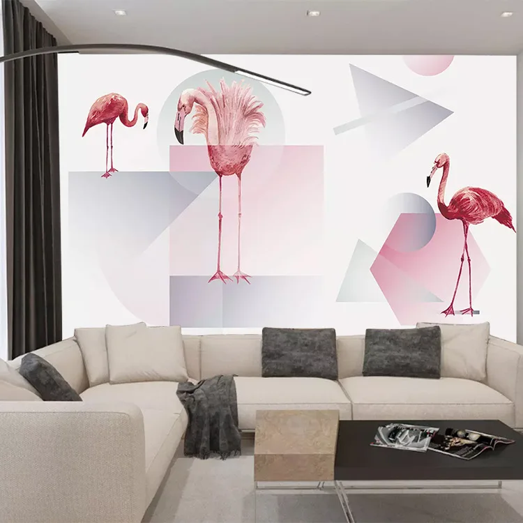 

Northern European-Style Hand-Painted Plant Flowers And Birds Pink Flamingo Background of Television in the Drawing Room Wallpape