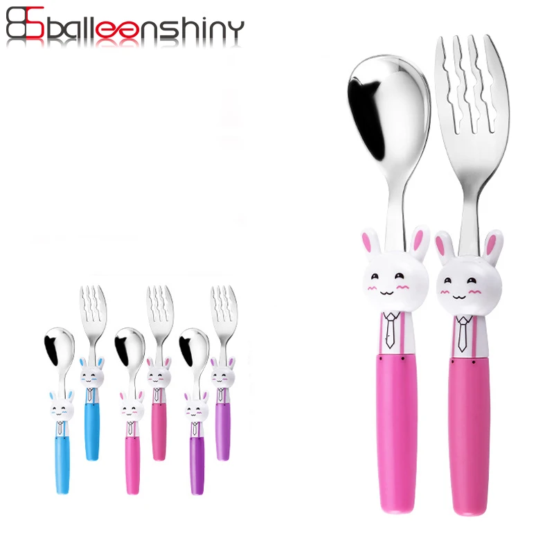 

BalleenShiny Lovely Rabbit Spoon Fork for Kids Student Stainless Steel Kitchen Eco-friendly Tableware Rice Soup Fruit Cutlery