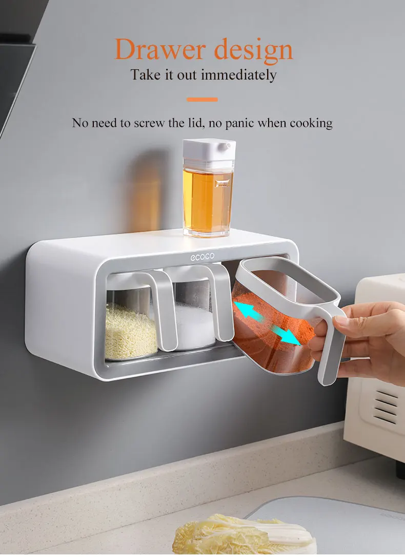 Ecoco Wall Mount Spice Rack Sugar Bowl Salt Shaker Seasoning Container Spice Boxes description image 4