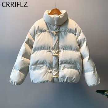 

Warm Winter Jacket Women Casual Solid Full Sleeve Horn Button Stand Collar Parka Coat 2020 New CRRIFLZ