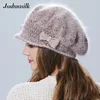 Joshuasilk Winter Women Hat With Visor Knitted Fashion Angora Wool Hat Butterfly Decoration Double Warm Hat ► Photo 3/6