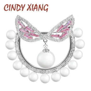 

CINDY XIANG Pink Color Cat Style Pearl Brooches For Women Cubic Zirconia Fashion Animal Brooch Pin Winter Accessories Good Gift
