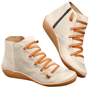 

Womens Boots Ankle Socofy Leather Lace Up Booties Womens Big Size Cross Strap Flats Winter 2019 Boots Fall Women Shoes Short