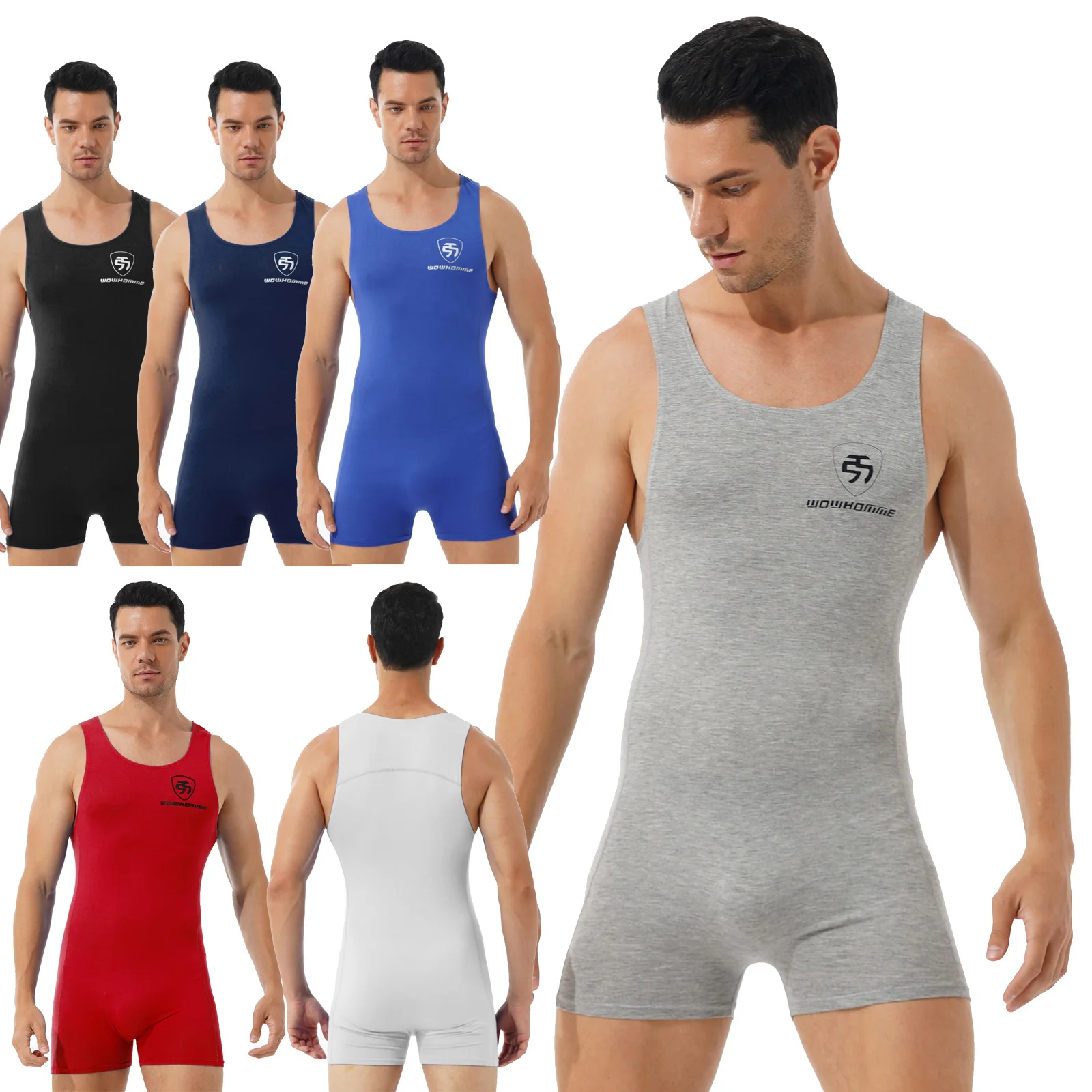 TiaoBug Men Round Neck Sleeveless Workout Sport Swimming Bodysuit Athletic Wrestling Boxers Fitness Gym Jumpsuit Leotard