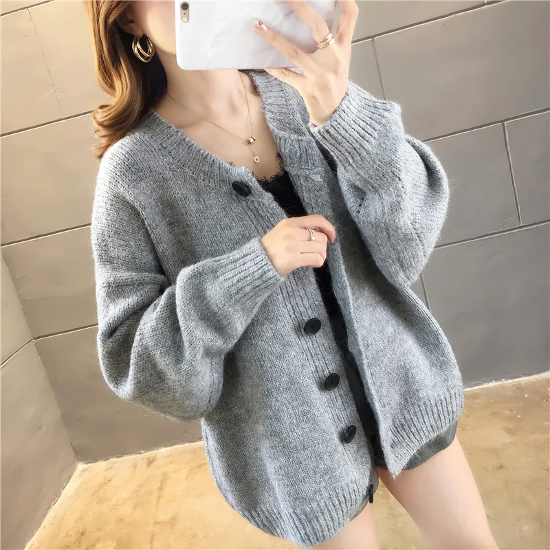 

Taotrees Autumn Female Comfortable Lazy Loose Style Solid Color Sweater Long Sleeve O-neck Knitted Sweater Cardigans
