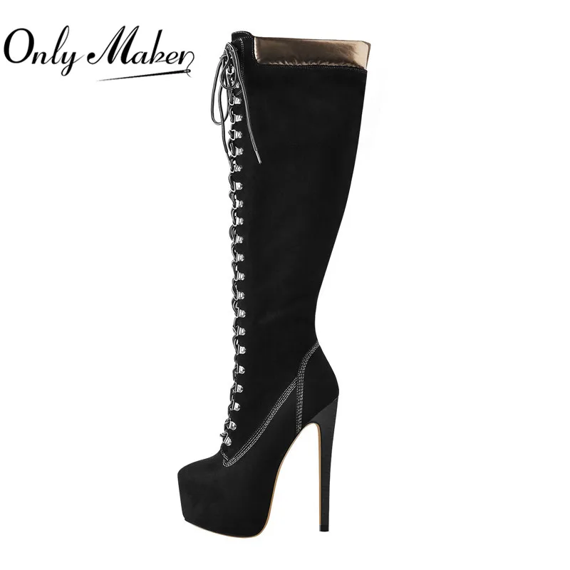 

Onlymaker Over the Knee Thin High Boots Women Pointed Toe Stiletto Flock Zip Black Big Size Fashion Lace UP Platform Boots