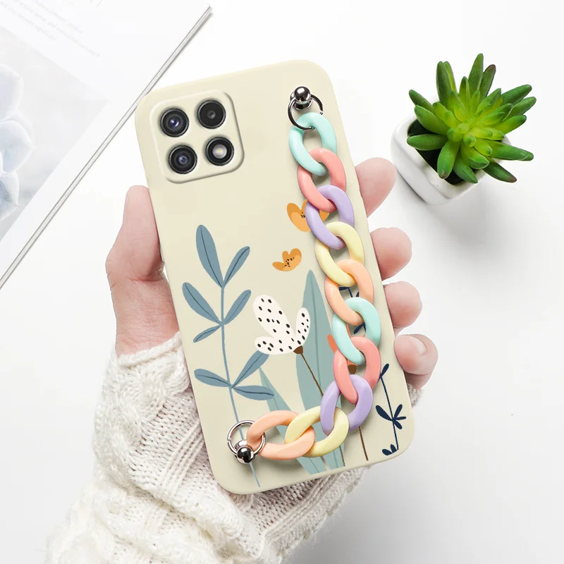 samsung cute phone cover For Samsung A22 Case Phone Back Cover For Samsung Galaxy A22 4G 5G GalaxyA22 A 22 Bumper Soft Silicone Wrist Chain Fundas Flower silicone case for samsung