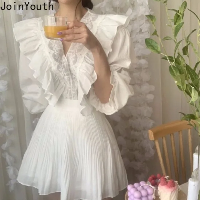 

Joinyouth 2020 Spring New Women 2PCS Sets Ruffle V-neck Logn Sleeve Blouse Shirt + Pleated A-line Mini Skirt Sweet Suits 59254