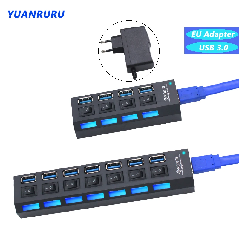 Usb 3.0 hub hub hub de alta velocidade 4/7 portas múltiplas 3.0 hub interruptor usb 3 hub uso adaptador de energia usb extensor para computador portátil