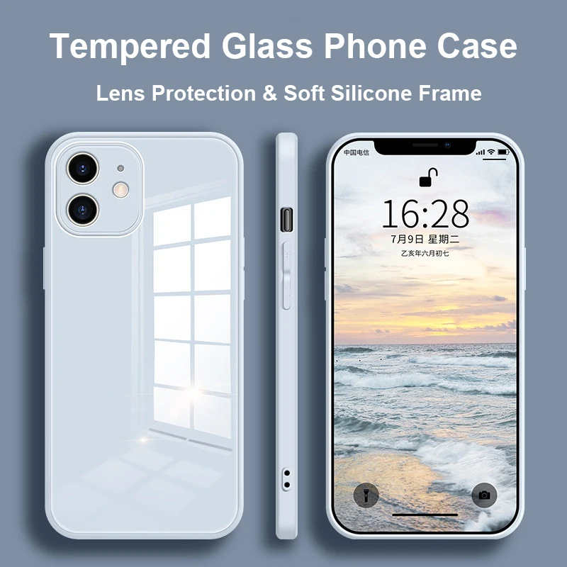 Funda de teléfono de vidrio templado para iPhone, carcasa de Marco suave para iPhone 12 11 Pro Max 12 Mini X XS Max, XR 8 7 6s 6 Plus SE 2020