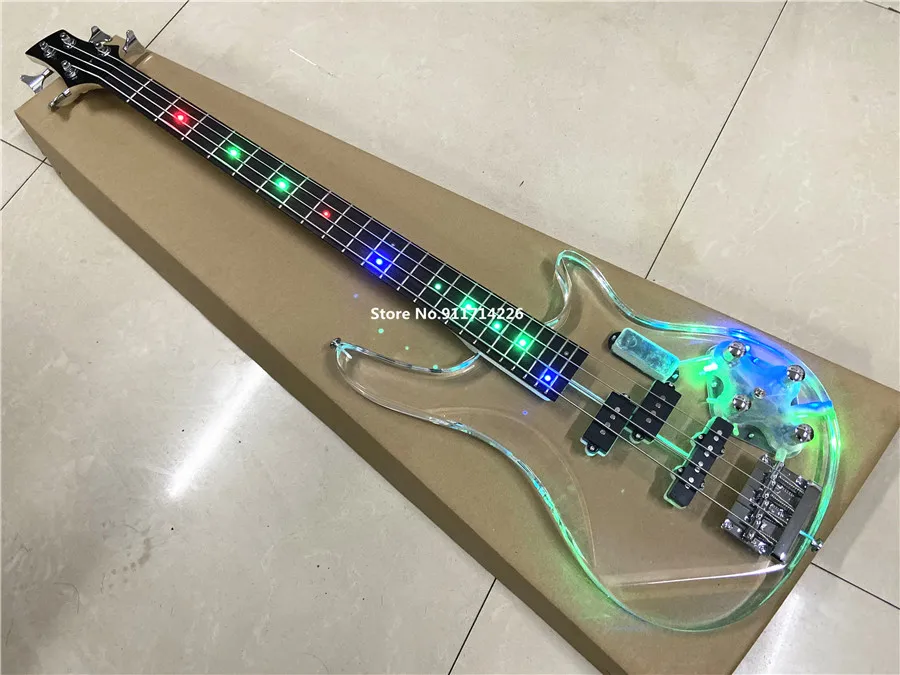 

Высокого качества с украшением в виде кристаллов акриловые 4-string прозрачный электрической бас-гитары цвет сид мигающий закрыт пикап Бесплатная доставка