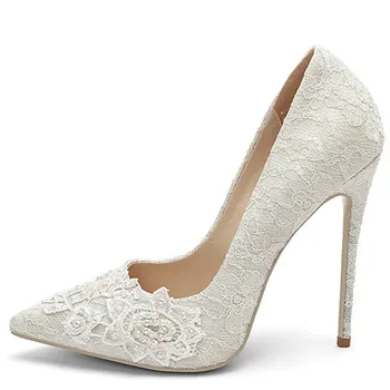 

YECHNE Sexy Vrouw Hoge Hakken Schoenen Hak Schoenen vrouwen Wit Borduren Plus Size Puntige Teen Pompen Partij Stiletto