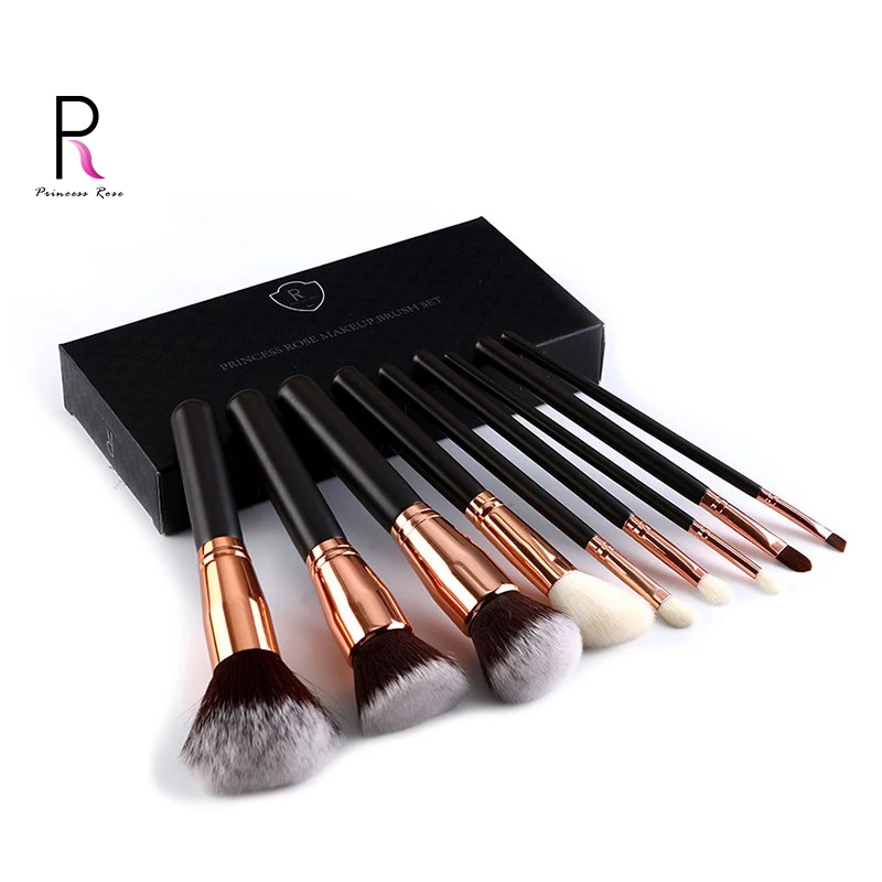 

Princess Rose 9pcs Pure Black Handle Gold Metal Ring Professional Foundation Blush Eye Shadow Lip Mix Makeup Brush Set