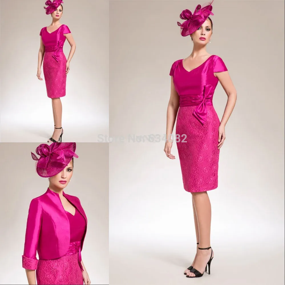 

Free Shipping 2016 New Arrival Satin Knee-Length Stylish Cheap Short Sleeve Fuchsia custom Mother of the Bride Dresses With Bow