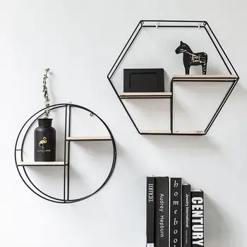 

Hot Metal Wooden Storage Rack Wall Hanging Storage Holders Racks Book Figurines Flower Pot Display Shelf Home Storage Organize