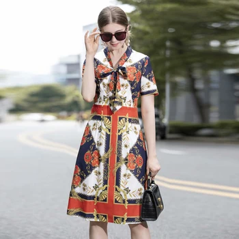 

Bohemia Bow-Neck Short-Sleeved Print Flowers Retro Style Slim Temperament Dress 2020 Spring And Summer New Women'S Clothing