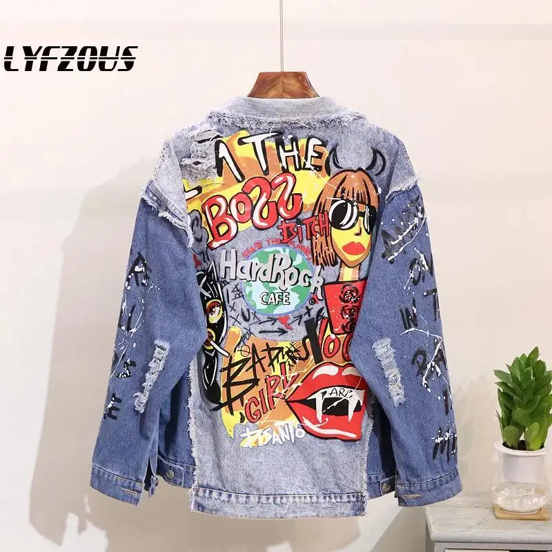 Graffiti Hole Jean Jacket Women Denim Jackets New Outerwear Patchwork ...