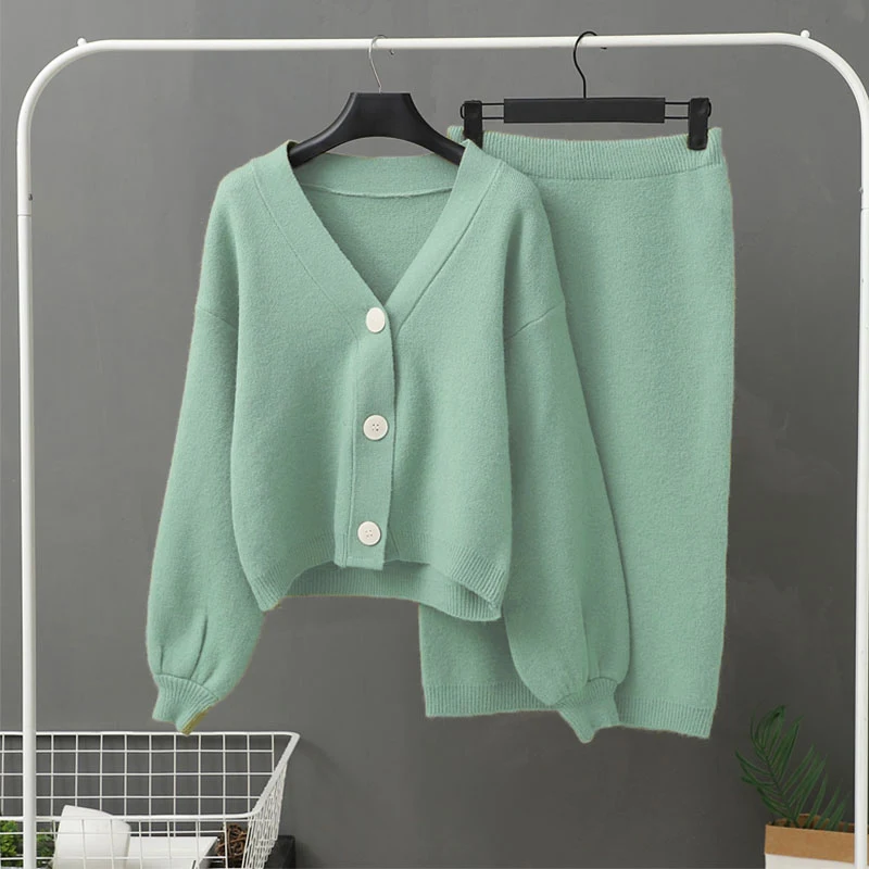 Light Green Новинка, зимний женский вязаный комплект из двух предметов, свитер, костюм, повседневный короткий рукав фонаря, укороченный топ, кардиган+ миди, облегающая юбка, комплекты - Цвет: Light Green