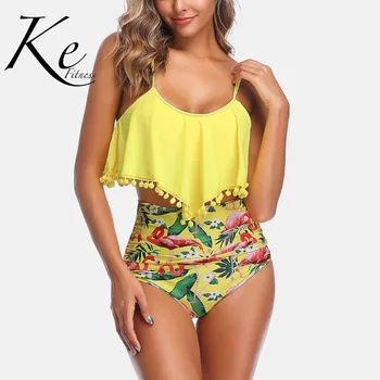 

KE New Collection 2020 bikini woman split 2 pieces two yellow green high waist lady printed solid tassels sexy