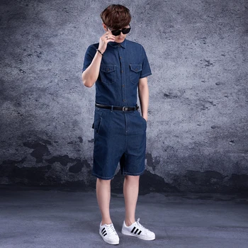 

Siamese denim men's jumpsuit denim suit Siamese men's tide jumpsuit men's wear tide denim shorts short sleeve summer jeans men