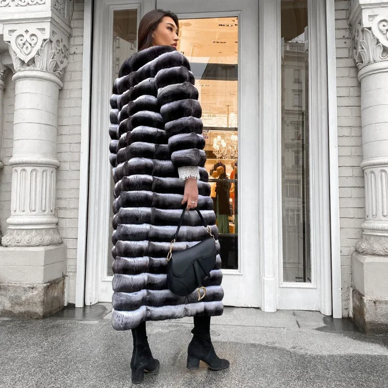 FURSARCAR 2021 Hot Sale Chinchilla Color Genuine Real Rex Rabbit Fur Natural Fur Coat Women Winter Thick Warm Elegant Overcoat