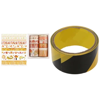 

HOT-32.8Ft 10 Meters Black Yellow Floor Adhesive Safety Caution Tape with 10Pcs/Set Decorative Kawaii Washi Tape Set