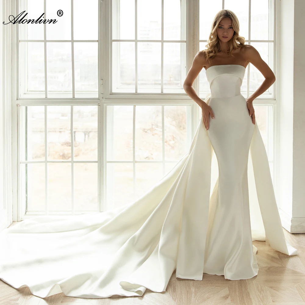 

Alonlivn Gorgeous Satin Mermaid Wedding Dress Off The Shoulder Strapless With Bow Trumpet Wedding Gowns