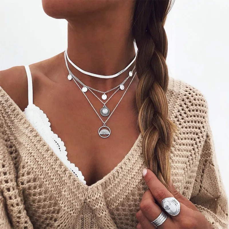 

Exaggerated Multilayer Chain Snake Coin Choker Necklace Women Lotus Sector Pendant Necklace Silver Color Collares Collier 2020