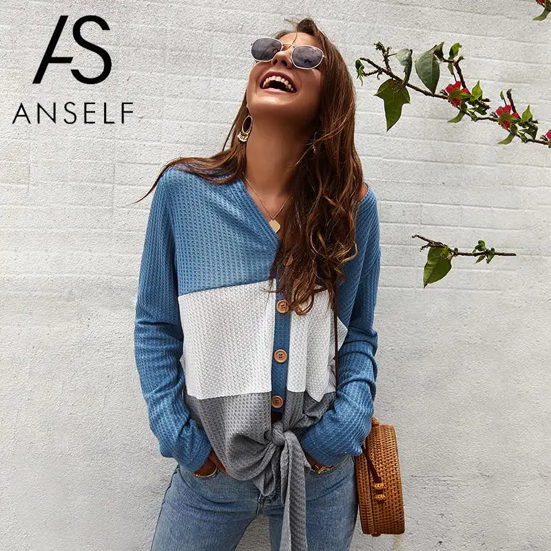 

ANSELF Women Blouse Knitted Shirt Color Block Splicing V Neckline Buttons Long Sleeve Tied Bandage Casual Loose Top female tunic