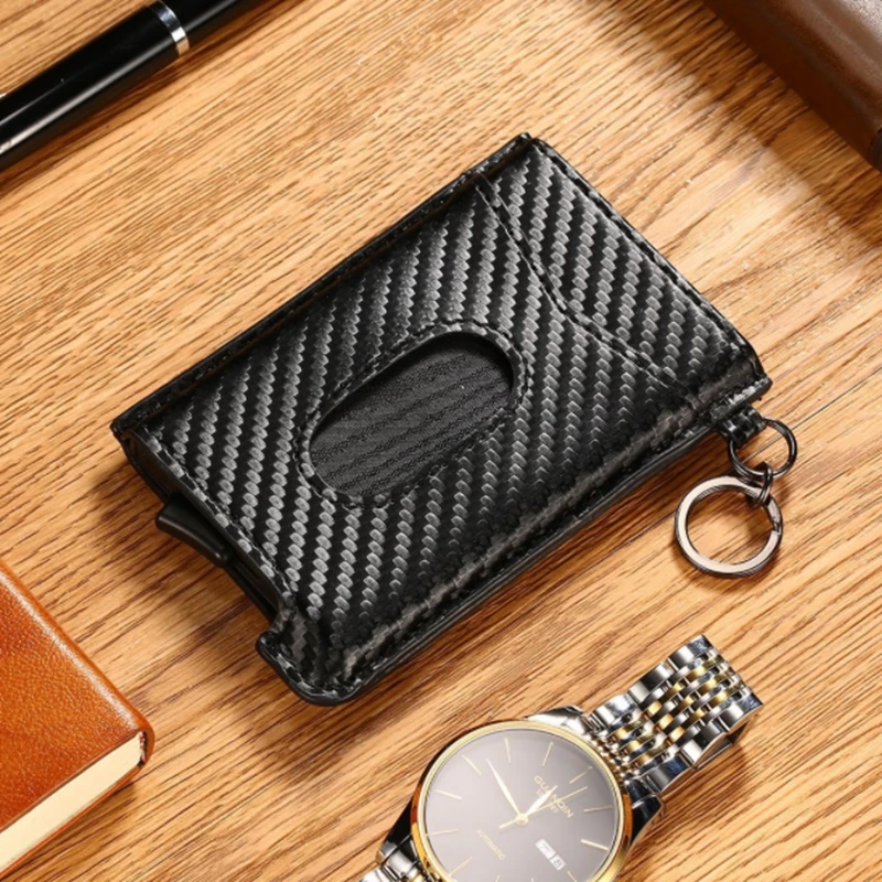 Vintage Cowhide Leather Business Smart Wallet RFID Card Holders Slim Antitheft Security ID Holders Aluminum Box Pup Up Card Case