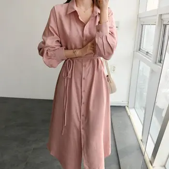 

New Casual Women dresslt Loose Over-the-knee Long Render Unlined Upper Garment Students Dresses Pale Pinkish Grey 767