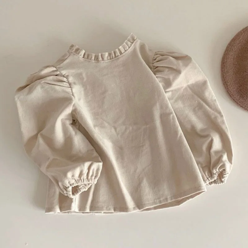 0-2YBaby Blouse Corduroy Girls Shirts Bud Flower Boys Blouse Toddler Girls Clothes Puff Sleeve Base Tops kids shirts