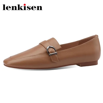 

Lenksien large size solid gladiator full grain leather high quality square toe brand shoes young lady slip on women flats L23