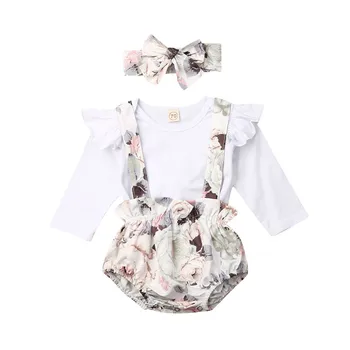

Infant Baby Girls Clothes Long Sleeve Ruffles Romper Bodysuit Tops +Flower Bib Shorts Pants Cotton Outfit for Princess Girls