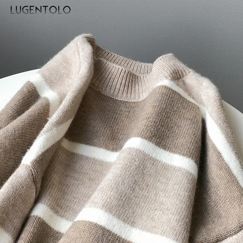 Lugentolo Для женщин свитеры для девочек зимний свитер в Корейском стиле, новая свободная одежда с круглым вырезом; в полоску; пуловеры для отдыха Модный Полосатый костюм из Повседневное Модные женские вязаные свитера