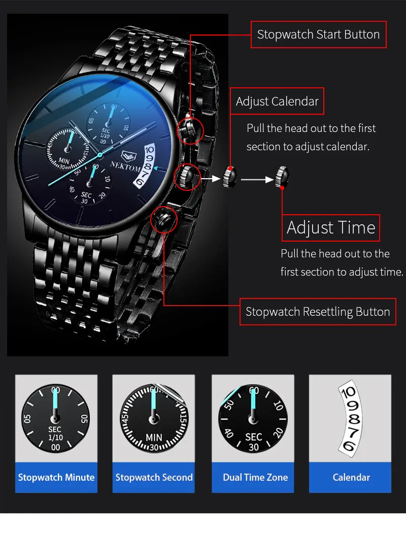 Мужские водонепроницаемые часы NEKTOM Butterfly Snap Solid Steel Band со светящимися стеклами и 6