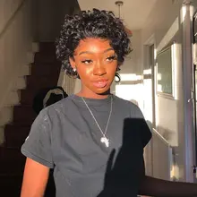 Beeos-peluca corta con rulos de corte Pixie 250%, 4x4, pelucas de cabello humano brasileño Remy, cabello humano de 8 pulgadas prearrancado con pelo de bebé