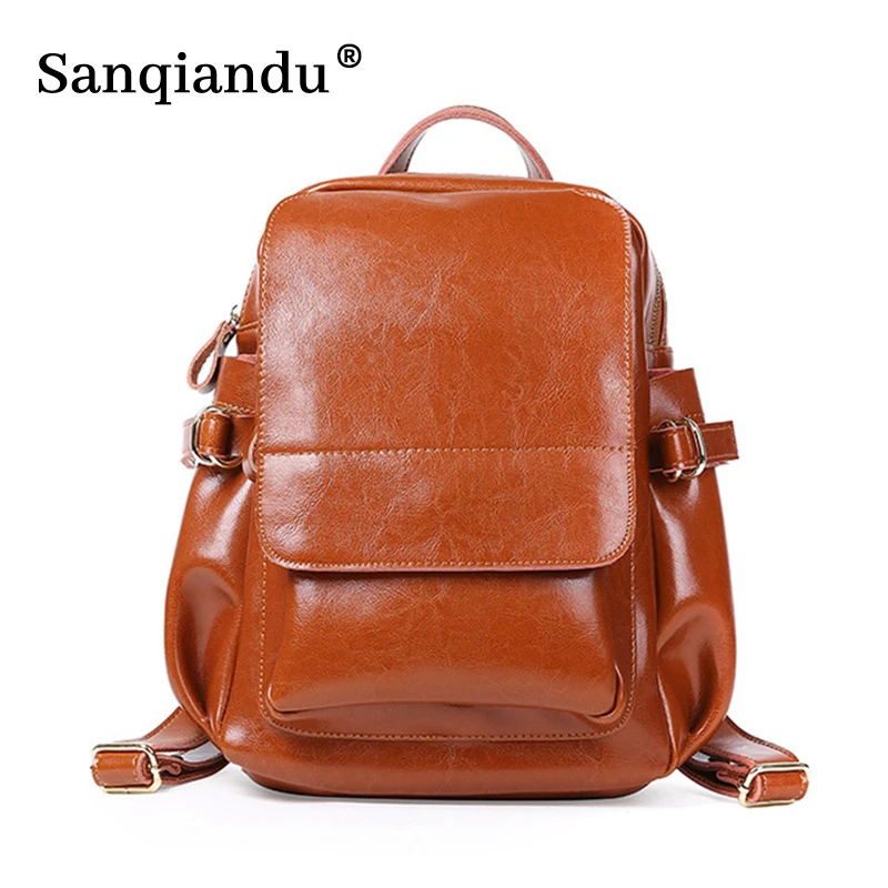 stylish backpack with water bottle holder Women's Backpacks Large Female 100% Genuine Leather Ladies Design Vintage Oil Wax Leather Backpack School Bags For Girls Bookbag stylish eco friendly backpacks