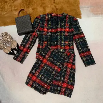 

Autumn Fashion Women Vintage Plaid Tweed Jacket Coat With Asymmetrical Skirt Female Suits Gdnz 9.25