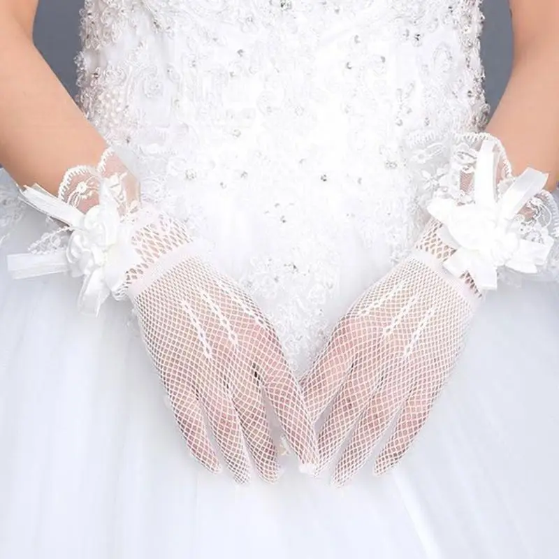 Модное летнее свадебное платье для невесты, перчатки с кружевами, большие цветы, короткие, митенки, сетчатая Узорчатая перчатка