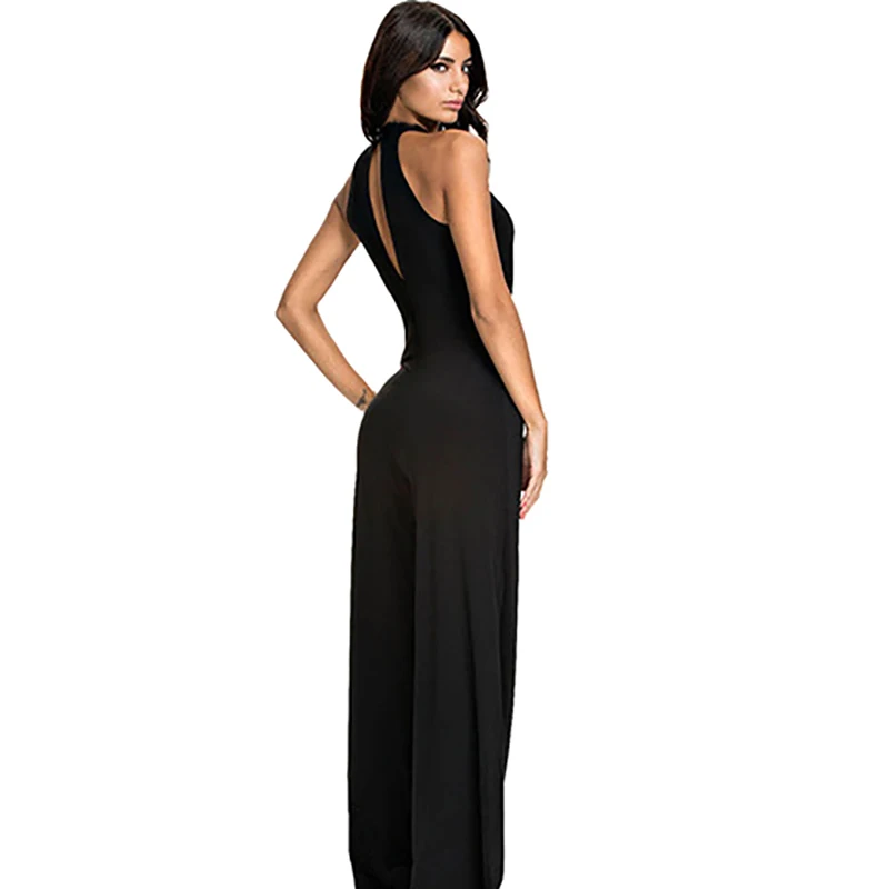 Elegant Lady Sexy Hollow Out Jumpsuits Women Black Set Sleeveless Loose Pants Jumpsuit